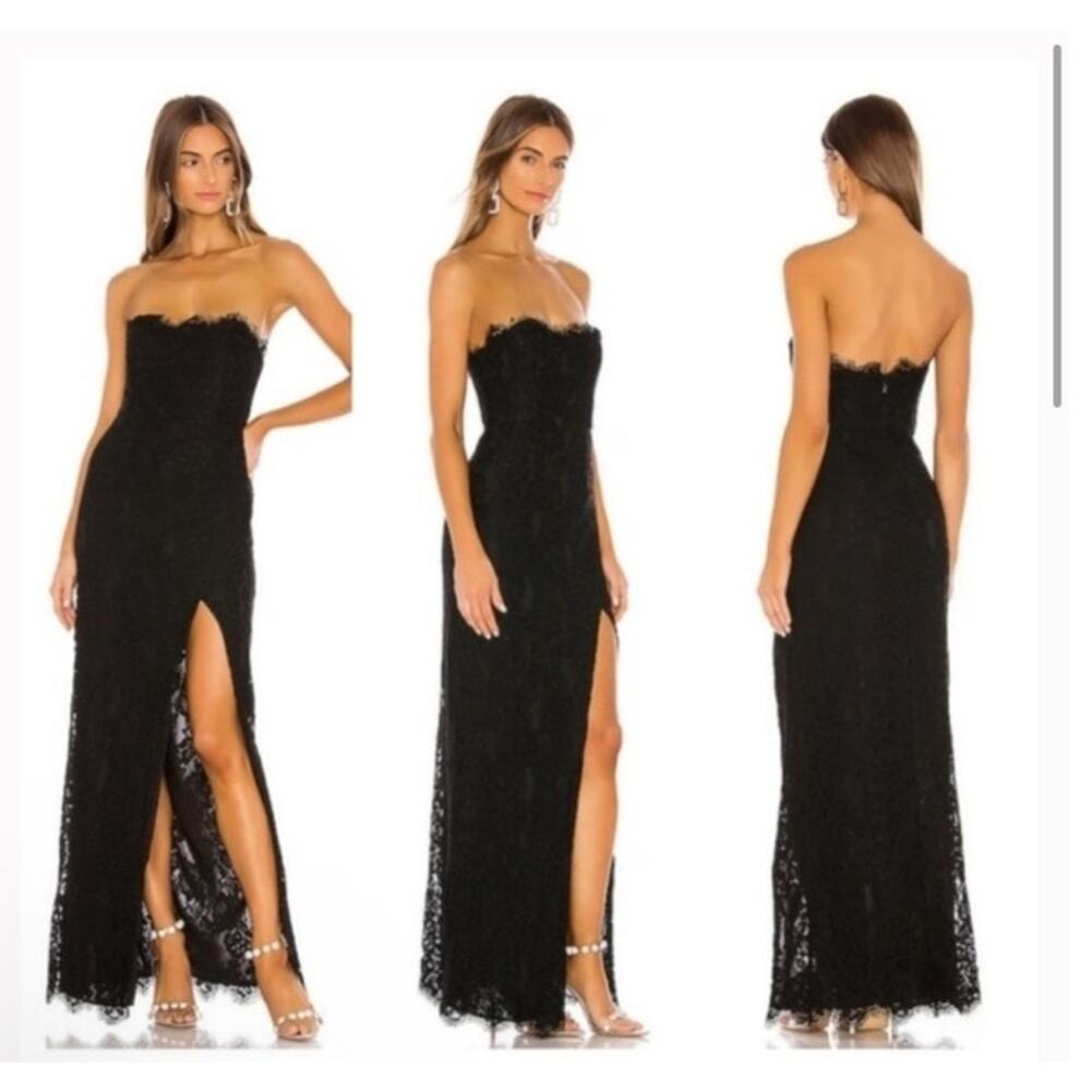 NBD Strapless Black Lace Maxi Dress with Thigh Slit